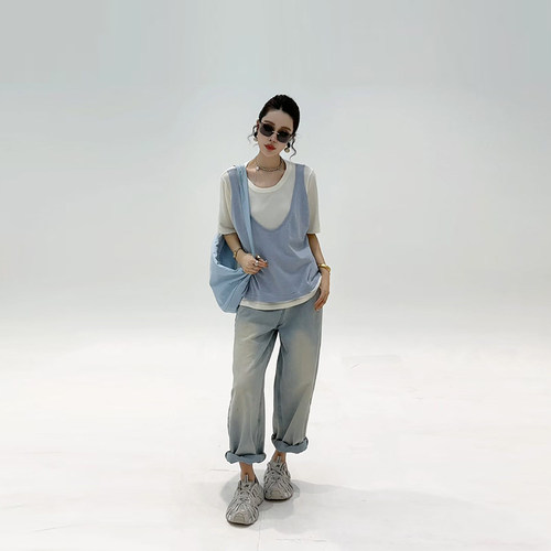 胖妹妹拼色马甲短袖假两件上衣