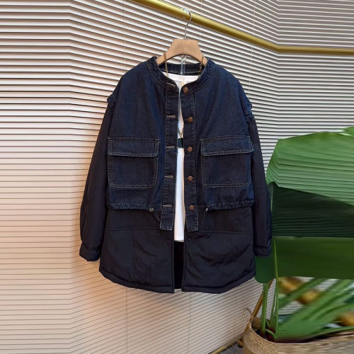 牛仔长袖拼接底摆棉服外套上衣