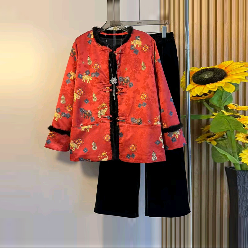 松紧腰阔腿裤子花纹图案棉服外套