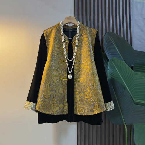 盘扣暗花国风马甲拼色袖口小衫