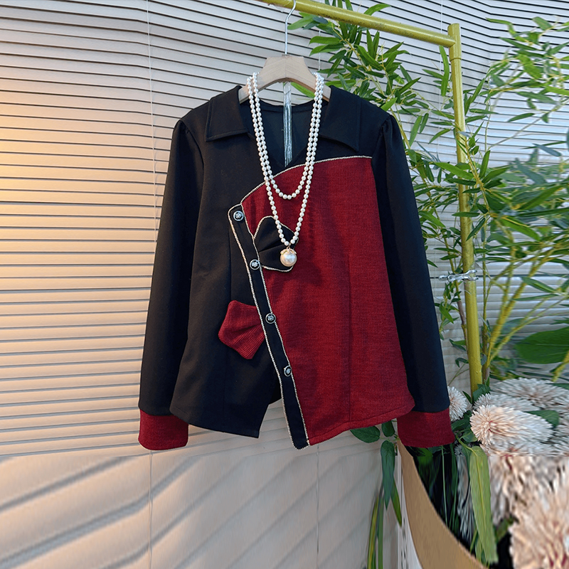 大码女装拼接撞色AB版长袖上衣