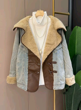 毛毛大翻领长袖拼牛仔外套