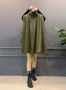 大码女装立领竖排扣长袖衬衫