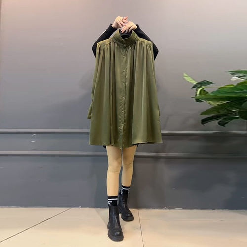 大码女装立领竖排扣长袖衬衫