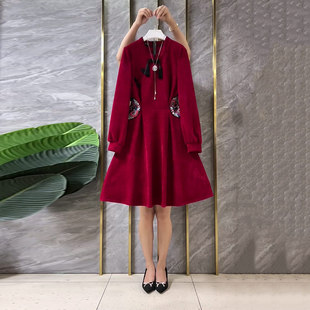 大码女装流苏盘扣刺绣腰收腰国风连衣裙胖MM气质时尚秋冬款旗袍裙