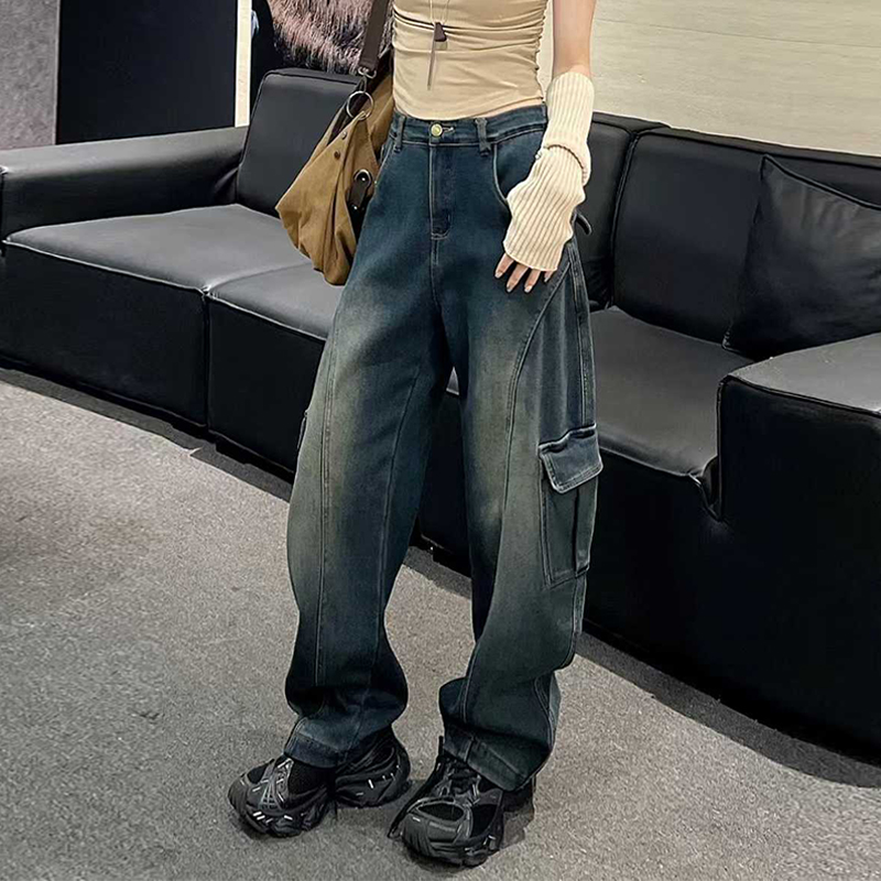 后腰松紧加绒阔腿裤子