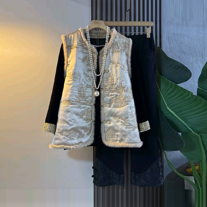 暗花棉马甲拼色袖口小衫裤子