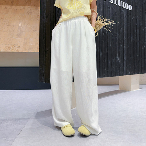 松紧腰净版阔腿纯麻裤子