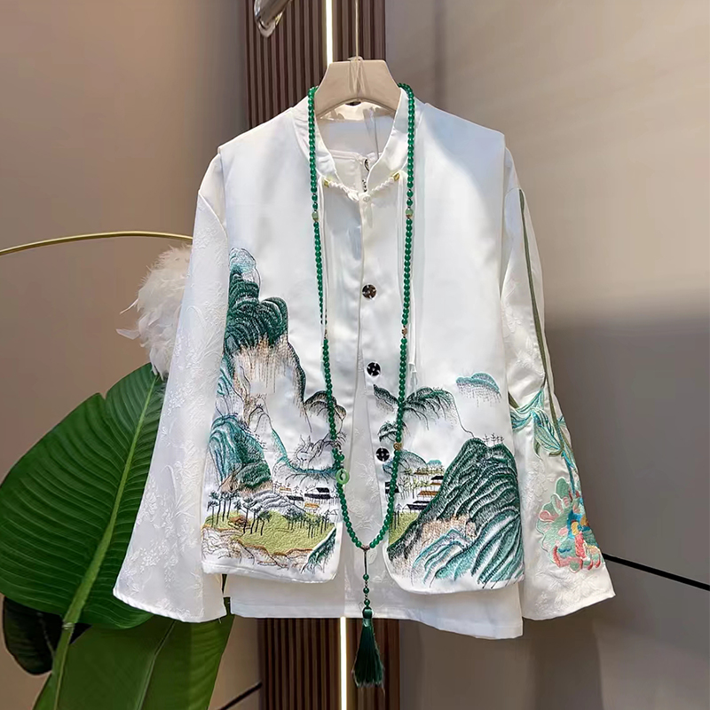 立领山水画马甲拼色袖口暗花小衫
