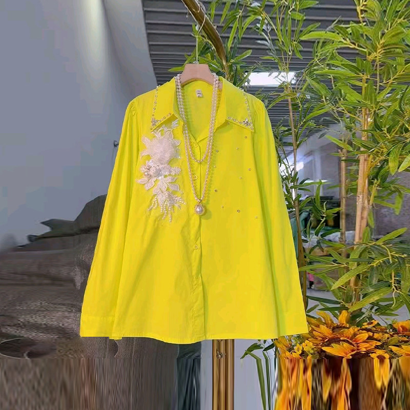 加肥女翻领亮钻花长袖衬衫胖妹妹纯色简约宽松遮肚子百搭减龄上衣,女装/女士精品,大码内搭,淘宝优惠券,粉丝福利购,淘宝优惠卷