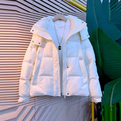 棉服外套大码 女装 纯色简约冬季 胖MM加肥连帽长袖 款 宽松遮肚子上衣