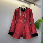 加肥胖妹妹拼色立领收腰暗花小衫 设计感百搭上衣潮 秋冬款 大码 女装