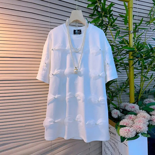 大码女装亮钻蝴蝶结圆领短袖上衣宽松遮肚子胖妹妹减龄休闲T恤衫