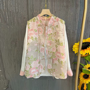 胖MM时尚 大码 口暗花打底衫 拼色袖 复古风立领流苏盘扣花朵马甲 女装