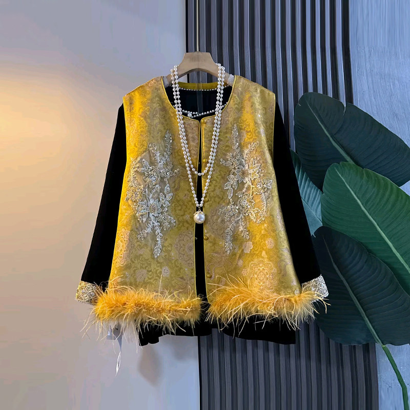 加肥大码女装毛毛底摆花纹马甲胖妹妹黑色复古风洋气拼色袖口小衫,女装/女士精品,大码内搭,淘宝优惠券,粉丝福利购,淘宝优惠卷