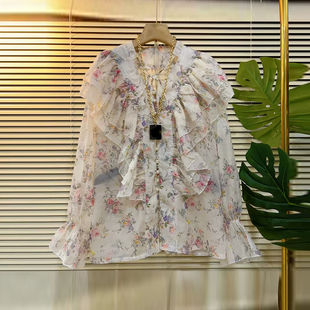 小众设计法式 胖妹妹洋气上衣 口碎花小衫 加肥女系带领荷叶肩微喇袖