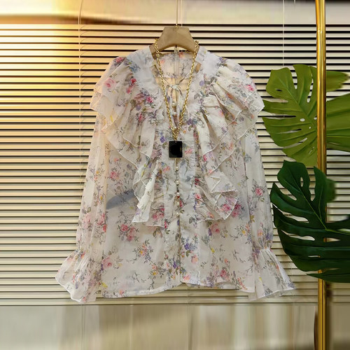 系带领荷叶肩微喇袖口碎花小衫