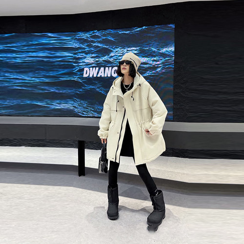 加肥连帽收腰长袖棉服外套