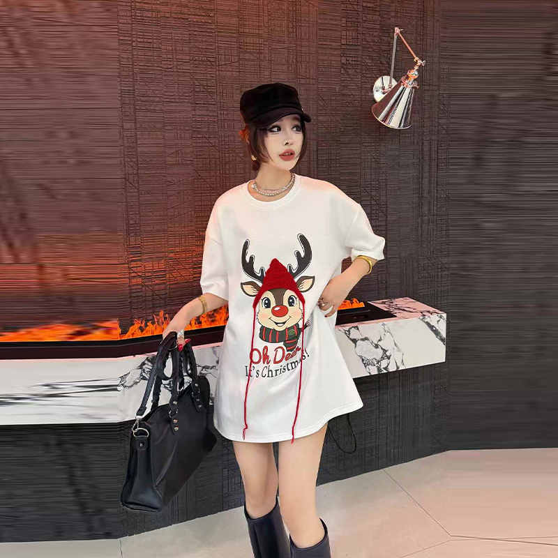 大码女装针织流苏帽短袖上衣