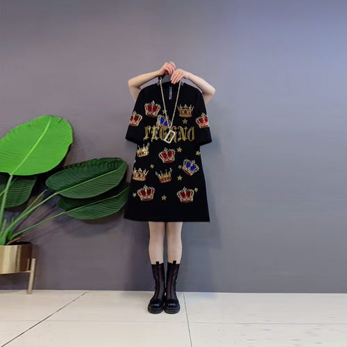 字母皇冠图案短袖T恤裙连衣裙