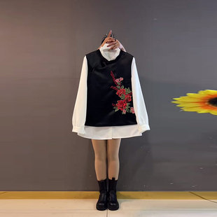 百搭小衫 加肥胖妹妹刺绣花拼色长袖 女装 复古风大码 假两件上衣韩版