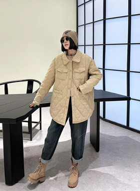 翻领长袖开衫菱形格轻薄棉服
