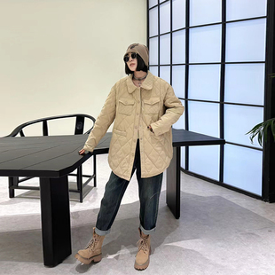 女装 韩版 翻领长袖 菱形格轻薄棉服胖妹妹秋冬款 百搭外套 开衫 加大码