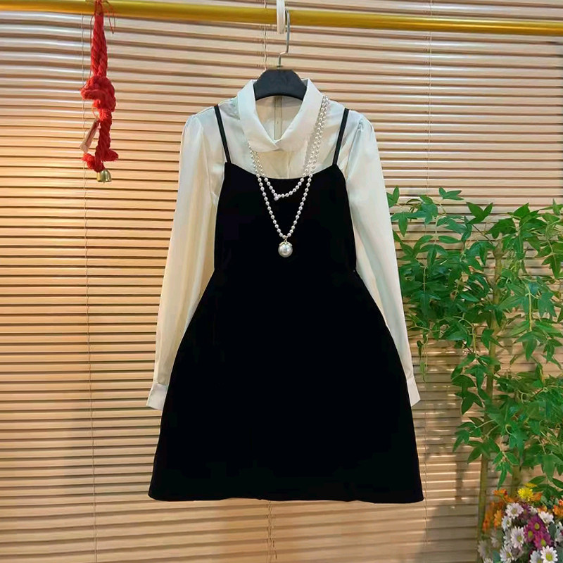 翻领长袖衬衫（两件套）吊带裙