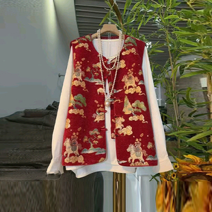 胖MM洋气盘扣花纹国风马甲加肥大码女装2026新款百搭圆领长袖小衫