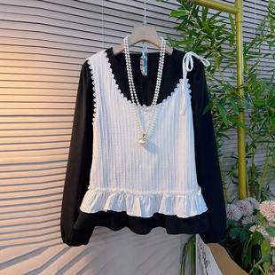 加大码女装单侧吊带肩拼色马甲假两件上衣胖妹妹韩版简约百搭小衫