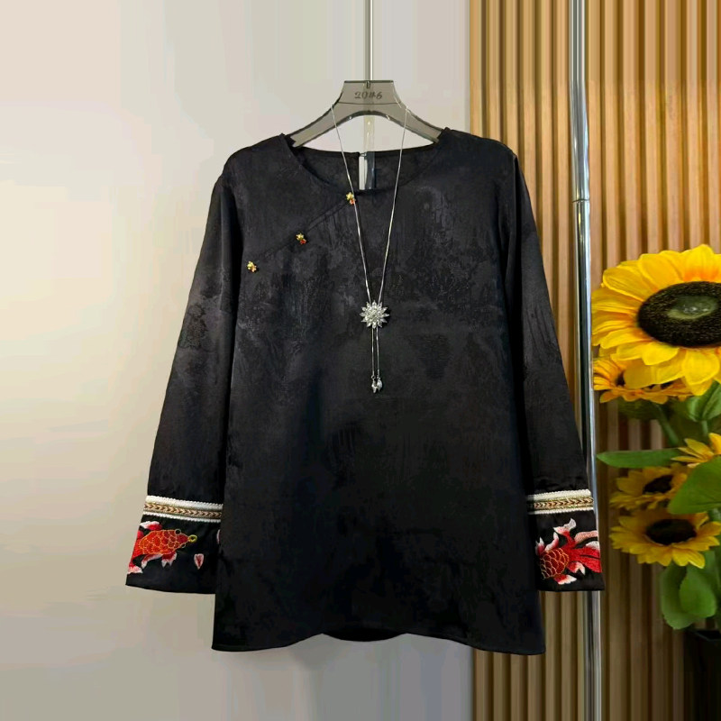 胖MM加肥拼色袖口暗花小衫法式设计感新中式大码女装洋气减龄上衣,女装/女士精品,大码内搭,淘宝优惠券,粉丝福利购,淘宝优惠卷