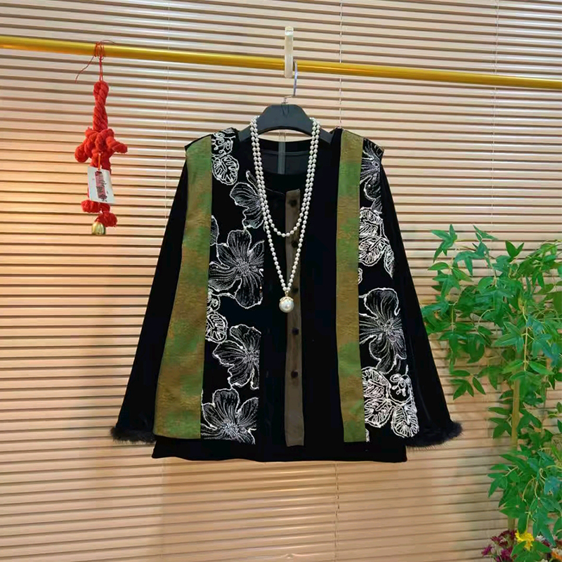 毛毛袖口小衫拼色花朵AB版马甲