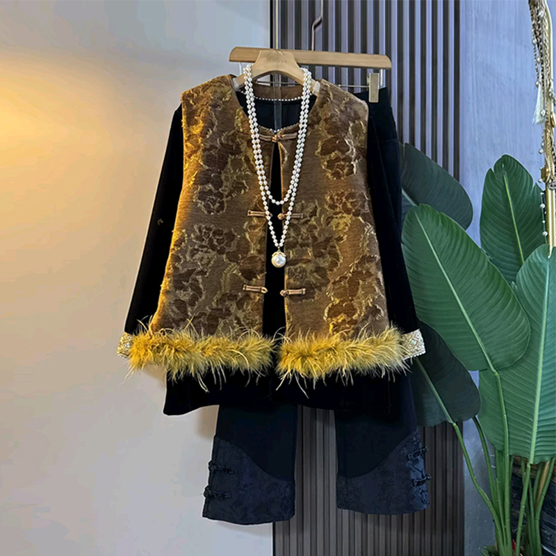 毛边底摆马甲拼色袖口小衫裤子