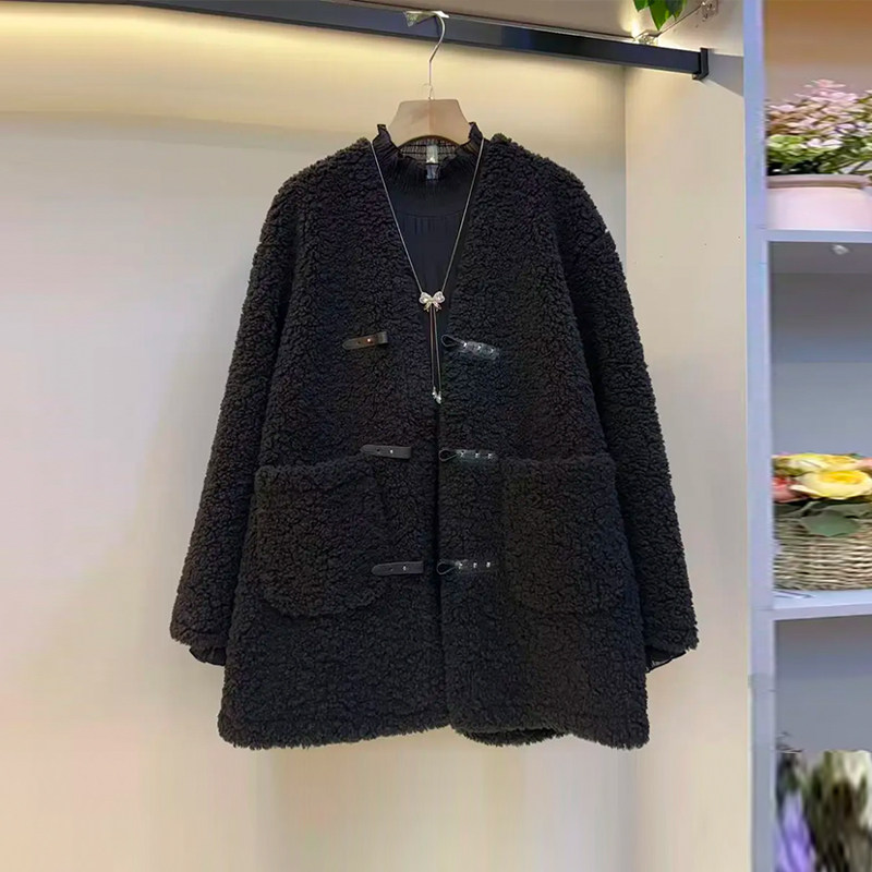 大码女装V领长袖羊羔毛外套