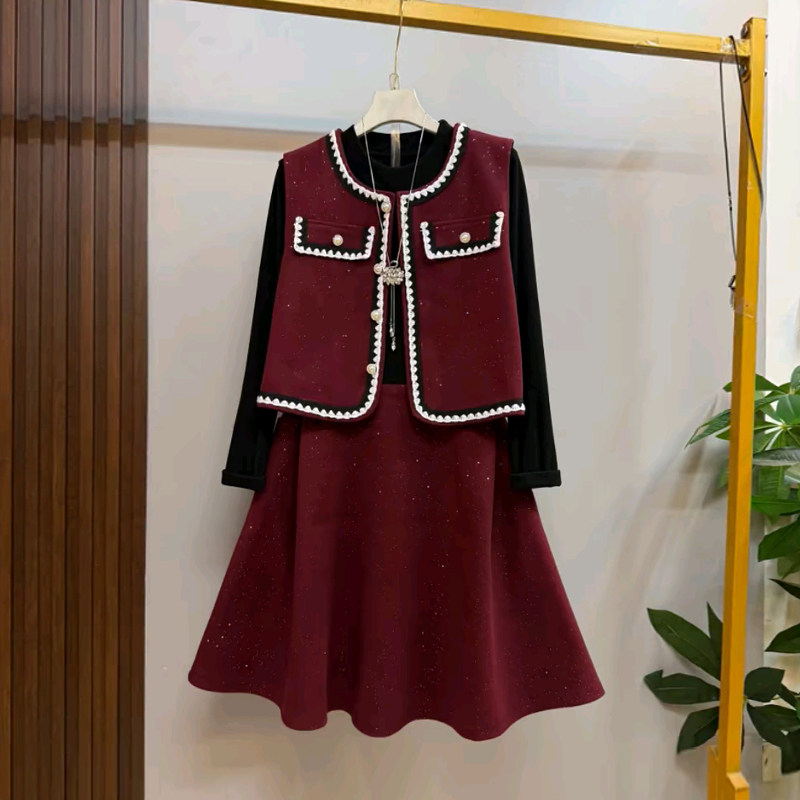 拼色边马甲（两件外套长袖连衣裙