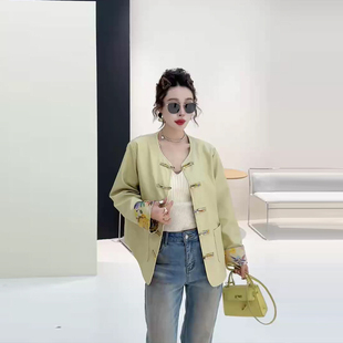 大码女装花纹挽袖盘扣圆领外套2026早春新款法式设计感新中式上衣