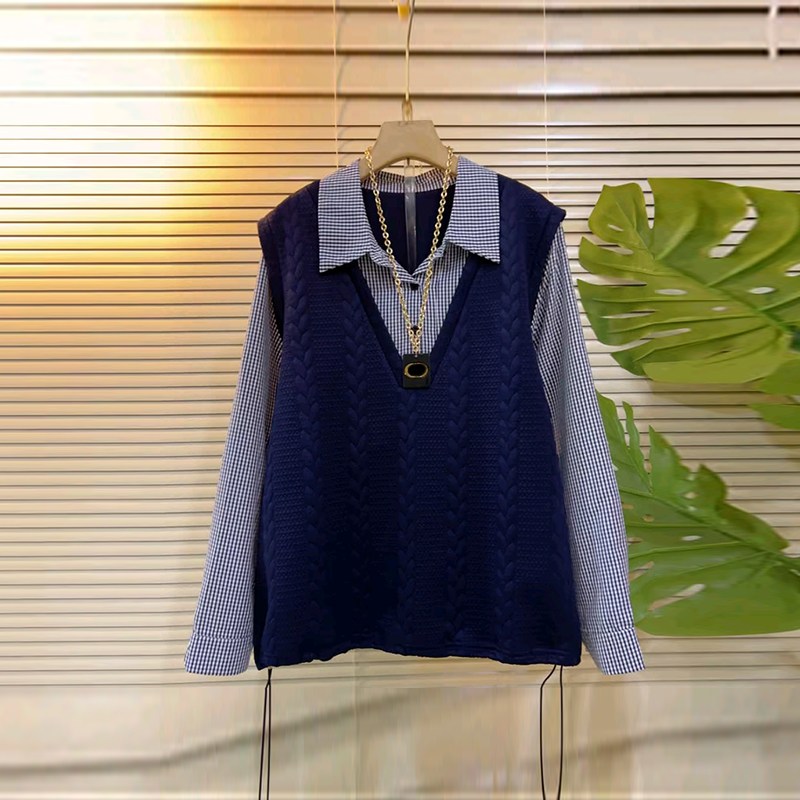 拼色条纹翻领长袖假两件上衣