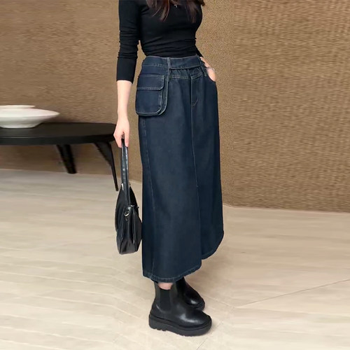 胖妹妹后开叉牛仔半身裙