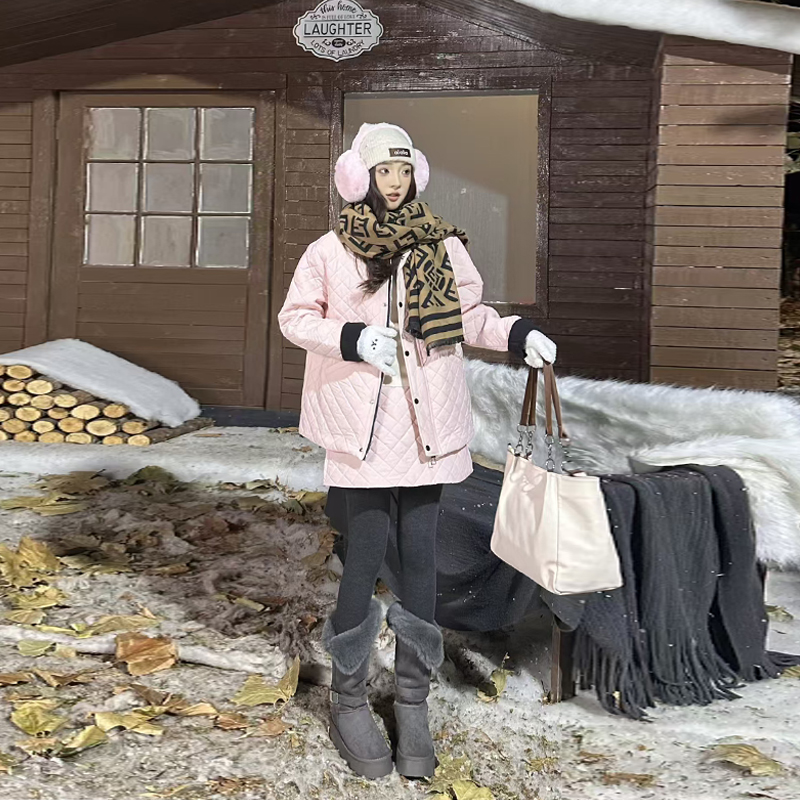 翻领长袖菱形格外套短裙两件套