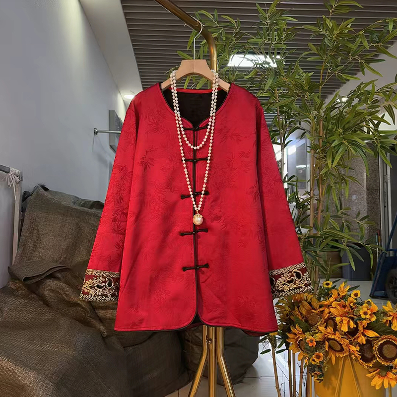 拼色花朵袖口圆领盘扣暗花外套