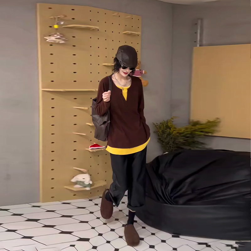 胖妹妹拼色边长袖假两件上衣