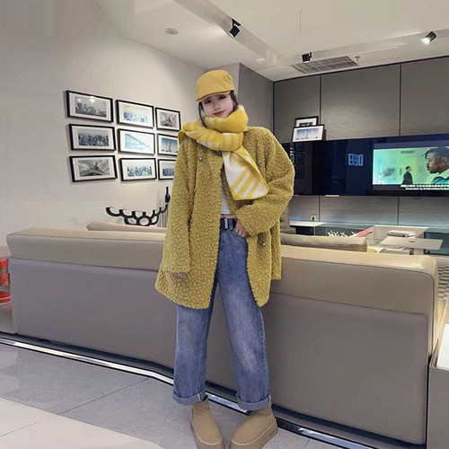 圆领长袖开衫羊羔毛外套