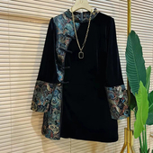 秋冬款 法式 显瘦百搭上衣 圆领盘扣拼接撞色长袖 复古风时尚 大码 女装