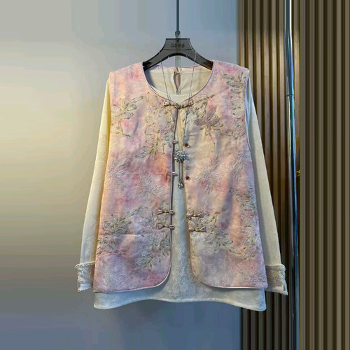 圆领长袖小衫盘扣刺绣花国风马甲