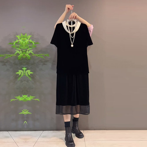 松紧腰半身裙立领短袖上衣