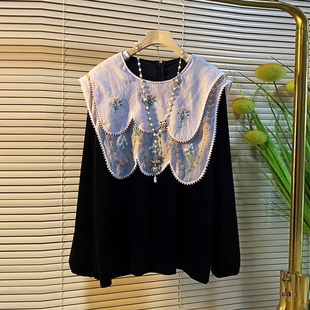 遮肚子花朵长袖 女装 上衣 加肥大码 胖妹妹黑色显瘦休闲百搭宽松小衫