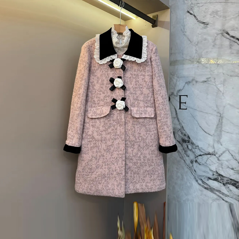 加肥胖妹妹拼色翻领荷叶边长袖外套大码女装韩版淑女风秋冬款上衣