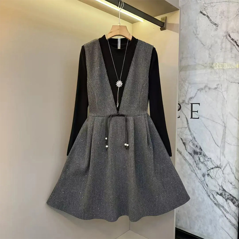 立领长袖打底衫V领收腰马甲裙