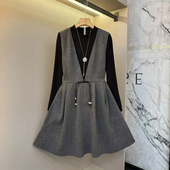 女装 V领收腰马甲裙大码 气质通勤风显瘦两件套 打底衫 加肥立领长袖