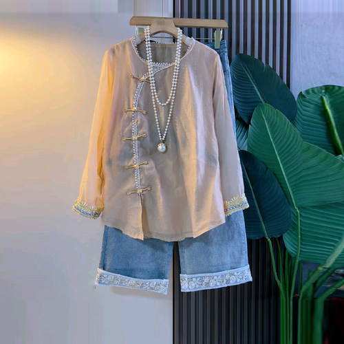 花朵裤脚阔腿裤斜盘扣七分袖上衣